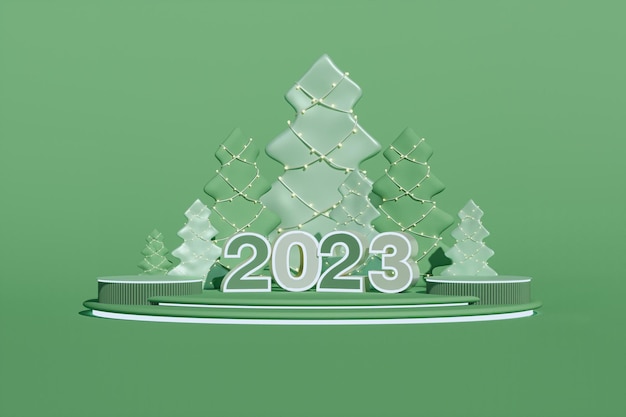 Stage podium with christmas decor on green background. 3D numbers 2023 Happy New Year.