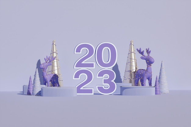 写真 紫色の背景にクリスマスの装飾が施されたステージ表彰台。 3 d 番号 2023 明けましておめでとうございます。