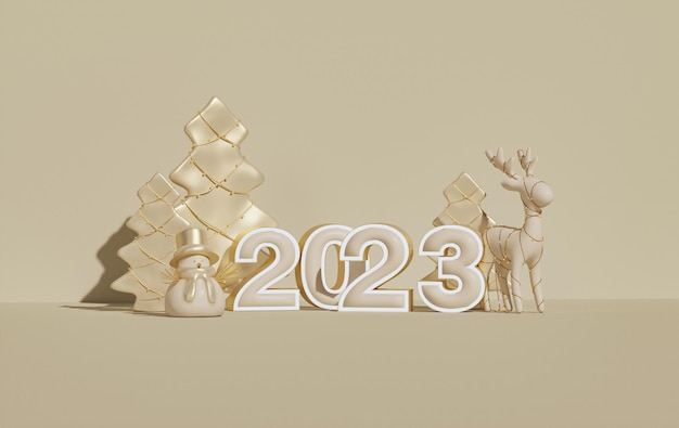 Stage podium with gold christmas decor on beige background. 3D numbers 2023 Happy New Year.