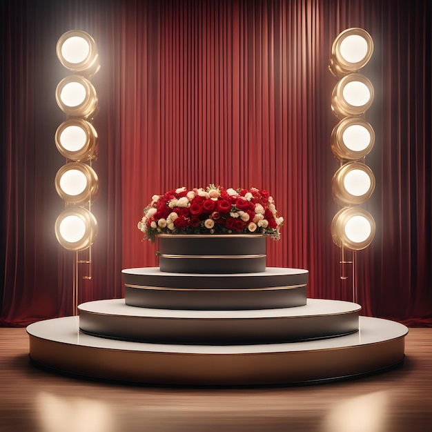 Stage podium with lighting Stage Podium on red curtain background