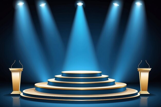 Foto podium del palco con illuminazione scena del podio del palco per la cerimonia di premiazione su sfondo blu