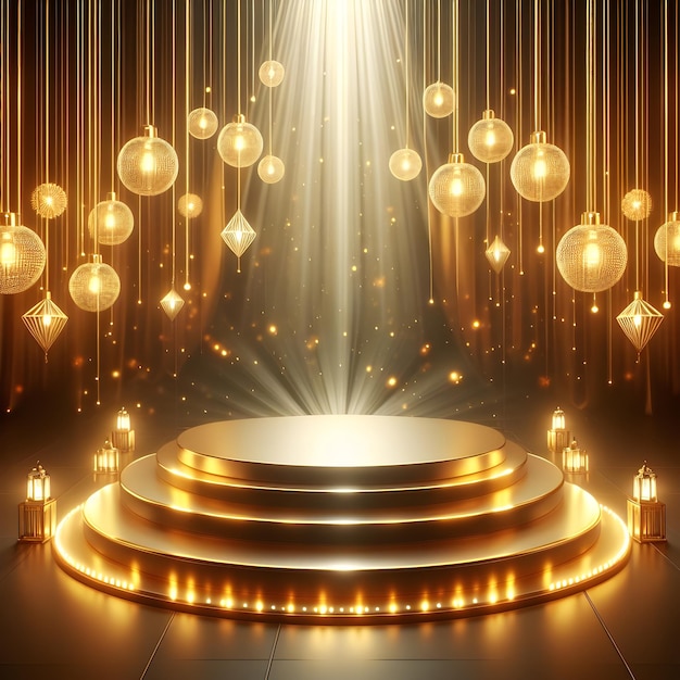 Stage podium with lighting stage podium scene with for award ceremony on Golden background