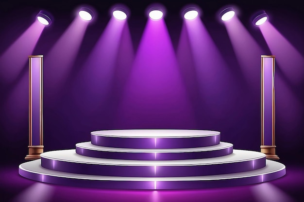Сценический подиум с освещением Сценическая подиумная сцена с церемонией награждения на фиолетовом фоне Векторная иллюстрация