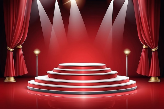 Stage podium with lighting Stage Podium Scene with for Award Ceremony on red Background Vector illustration