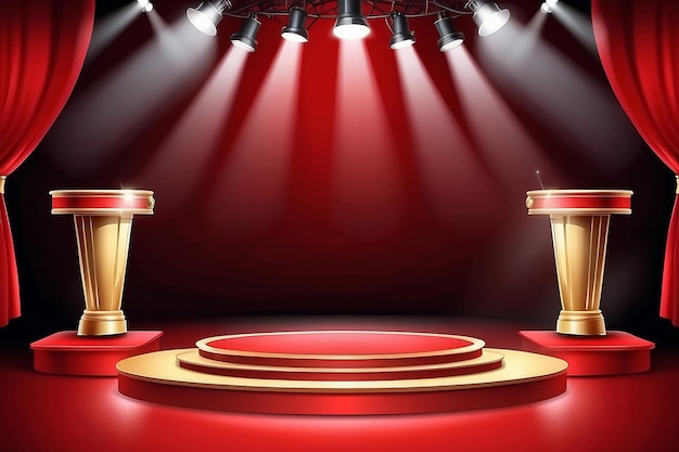 Stage podium with lighting Stage Podium Scene with for Award Ceremony on red Background Vector illustration