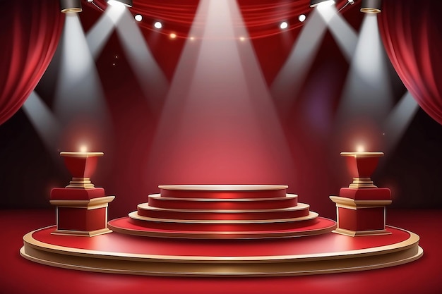 Stage podium with lighting stage podium scene with for award ceremony on red background vector illustration