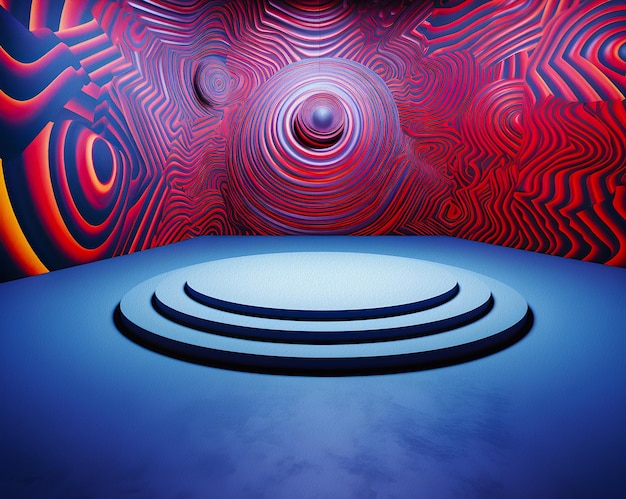 A stage in a room with a red and blue background and a circular stage in the middle.