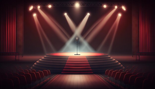 Stage for a show or tv entertainment with microphone stairs red curtains spotlights illumination and decor generative ai