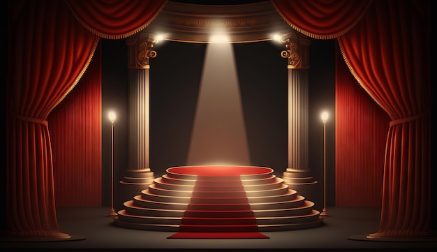 Stage for a show or TV entertainment with microphone stairs red curtains spotlights illumination and decor Generative ai