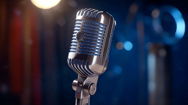 Stage spotlight illuminates shiny chrome condenser microphone background