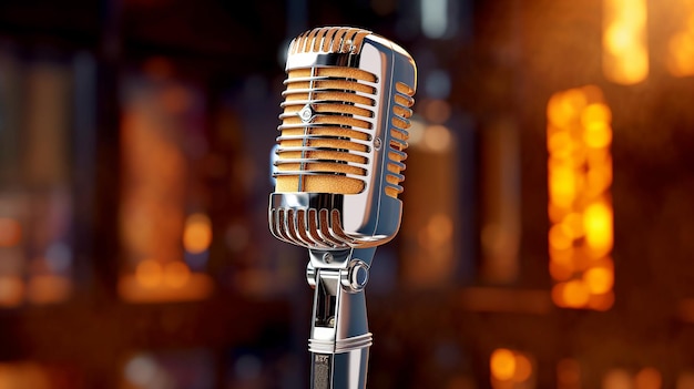 Stage spotlight illuminates shiny chrome condenser microphone background