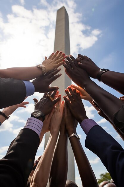 Photo stage a symbolic photoshoot with a diverse group of people's hands joined together over a backdrop