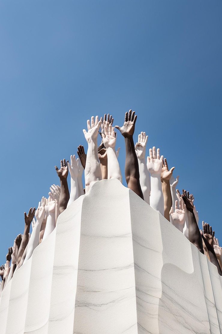 Photo stage a symbolic photoshoot with a diverse group of people's hands joined together over a backdrop