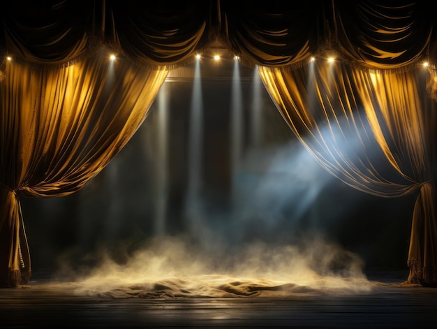 Stage theater curtain with spotlights and smoke Generative AI
