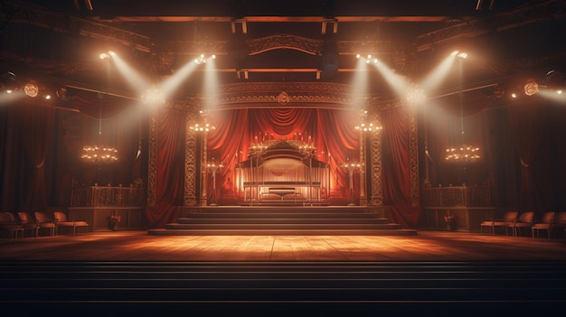 the stage of the theater with lights on the ceiling and a stage with a red curtain.