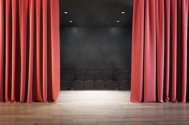 赤いカーテンの後ろからのステージ ビュー エンターテイメント パフォーマンスとプレゼンテーション コンセプト 3 d レンダリング