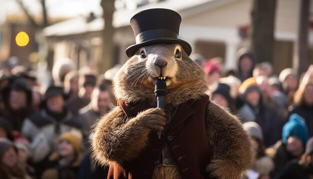 Photo stage a whimsical scene at a groundhog day festival with a costumed character playing the groundhog