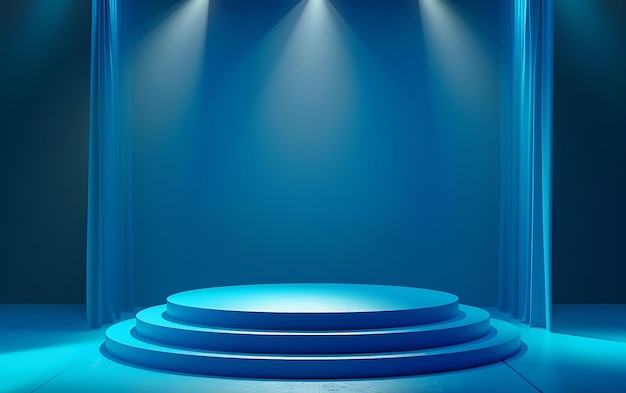 a stage with a blue background with a row of steps