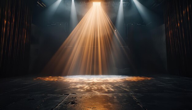 A stage with a blue curtain and a spotlight shining on it