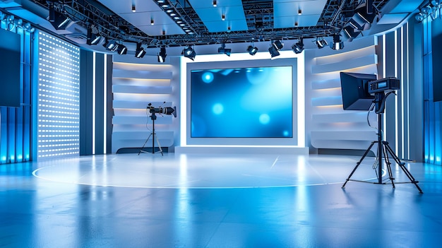 Photo a stage with a blue screen and a large screen with a blue background