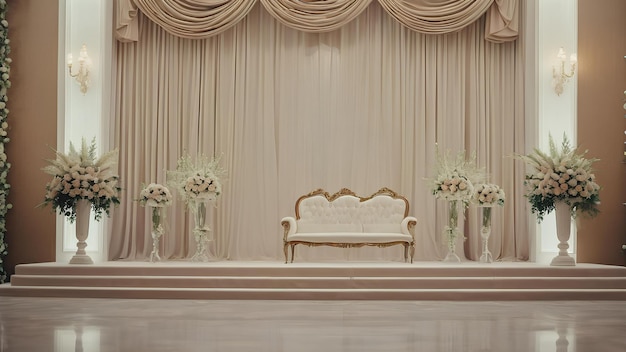 a stage with a chair and a chair in front of a curtain that says welcome to the wedding