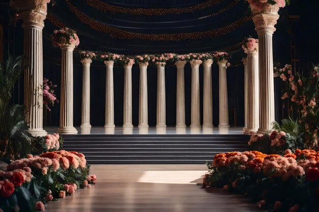 A stage with columns and flowers in the center