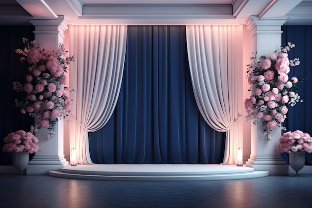 A stage with columns and flowers in pink and white.