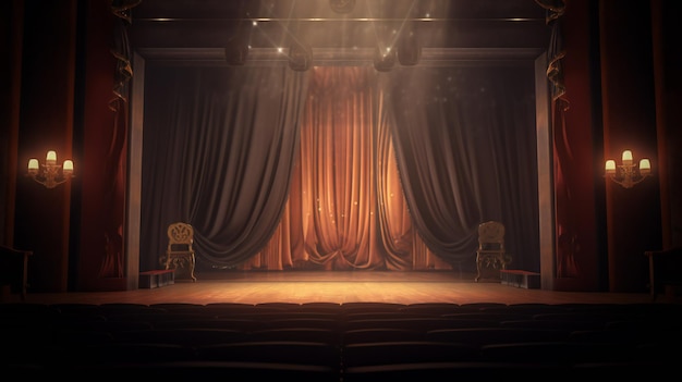 A stage with a curtain and a chair in the foreground.