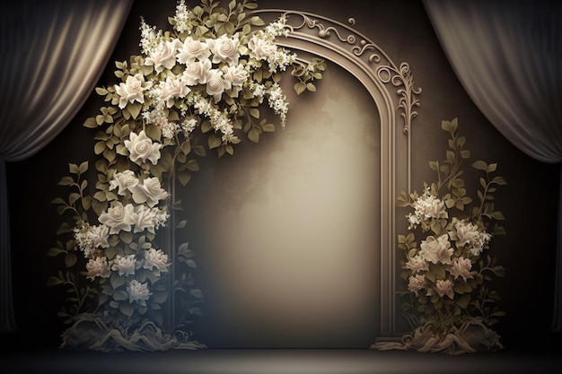 A stage with a curtain and flowers.
