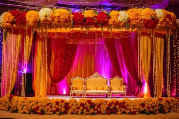 a stage with a curtain that says  flowers  on it