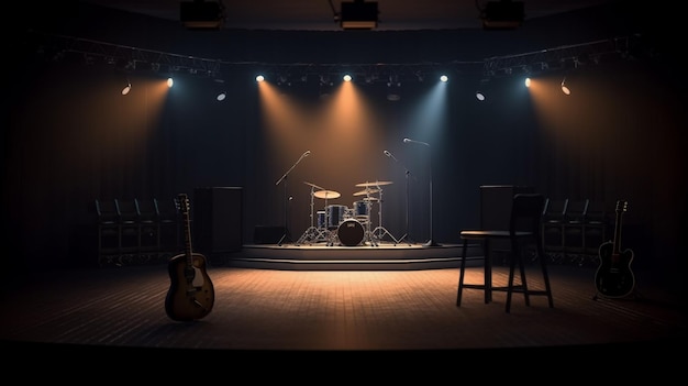 A stage with a drum set and a guitar on itgenerative ai