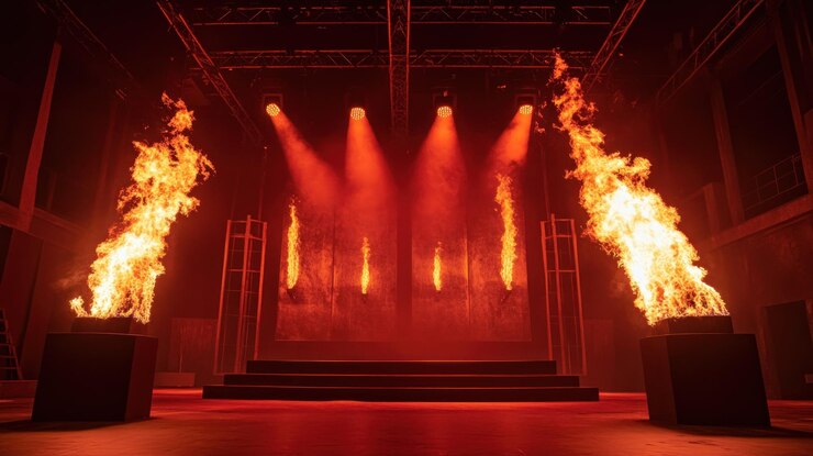 A stage with a fire show going on There are four fire effects The stage is lit up with red lights
