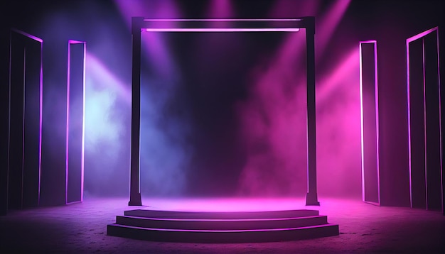 A stage with a frame in pink and blue