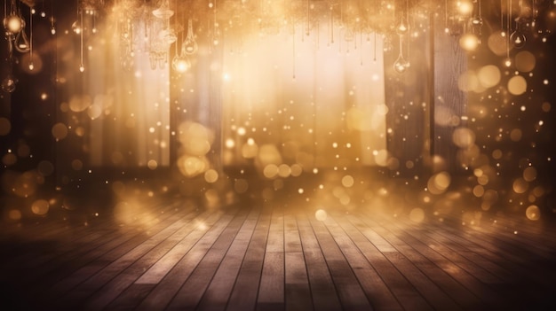 A stage with a gold background and a wooden floor with a light effect.