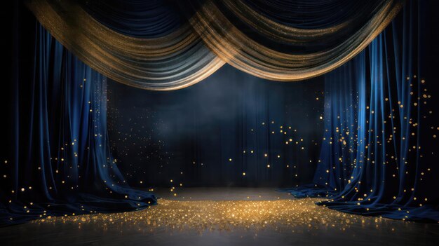 Photo stage with golden confetti in the style of dark