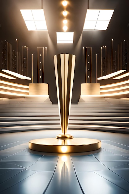 A stage with a golden trophy in the center