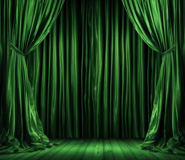 Stage with green curtain backdrop created with generative AI