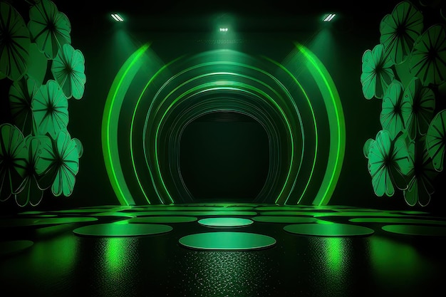 A stage with a green light and a black background with a circle that says'music'on it