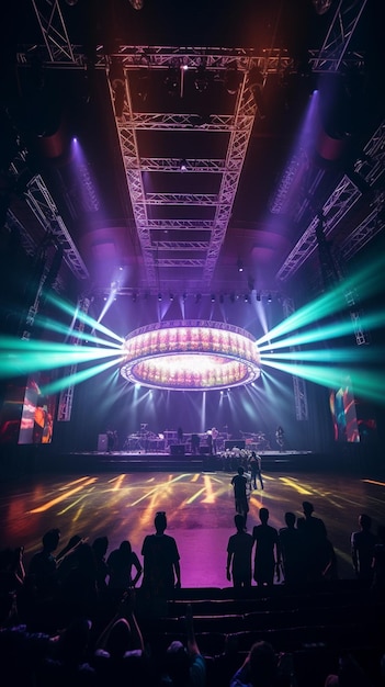 A stage with a large light display that says'the word live'on it