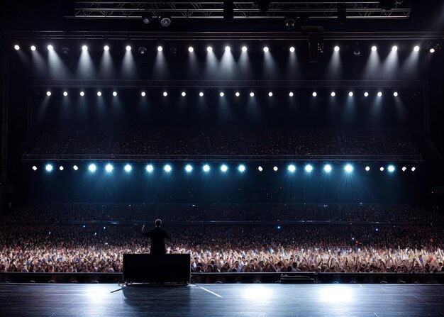 A stage with lights and drums empty concert stage