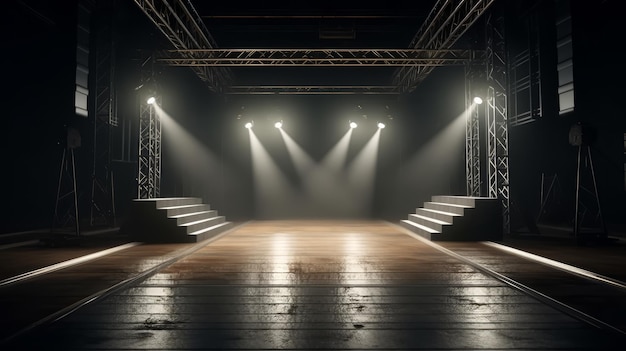 A stage with lights and a stage in the dark