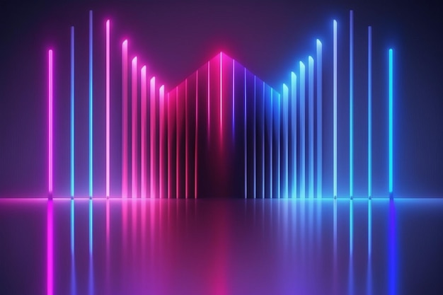 A stage with a neon light and a blue and pink light.