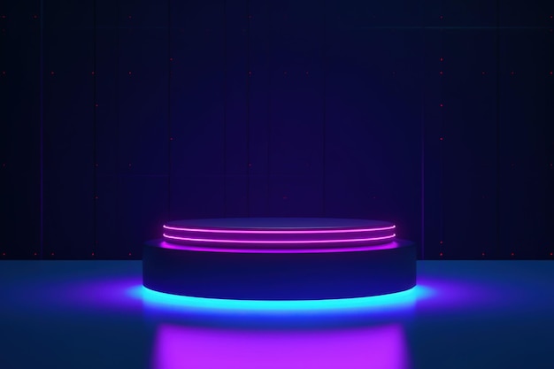 A stage with neon lights that says " the stage " on it.