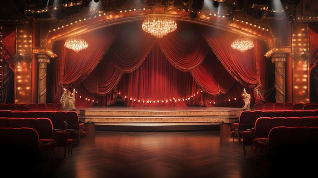 A stage with a piano and a red curtain with a piano in the background.