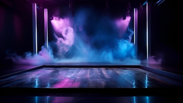 A stage with a pink and blue light that says'the word live '