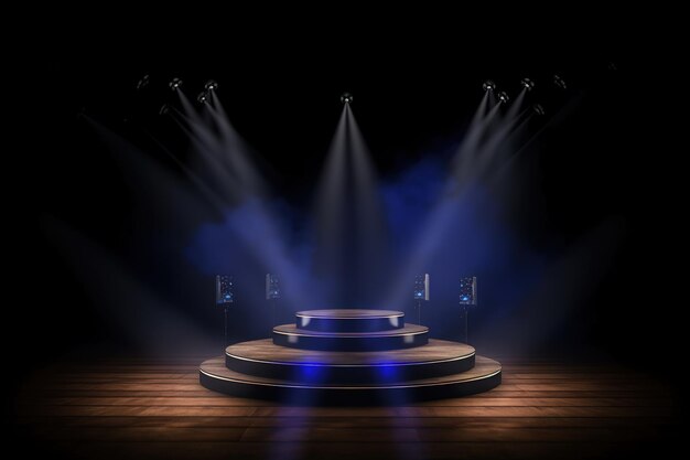 A stage with a podium and lights that are blue and white.