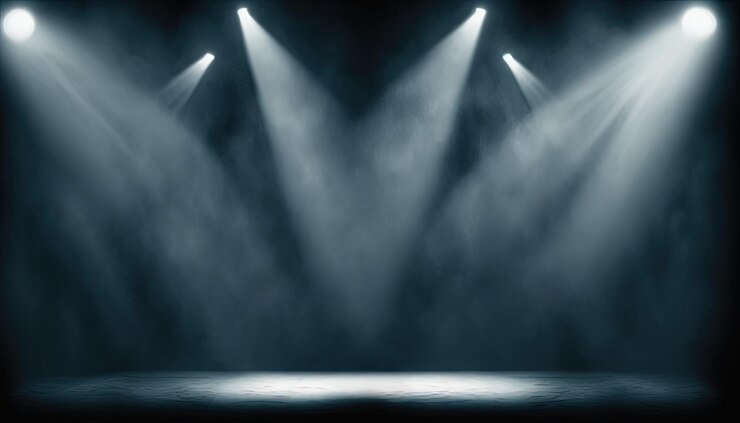 Photo stage with powerful spotlights glowing in the center of the stage
