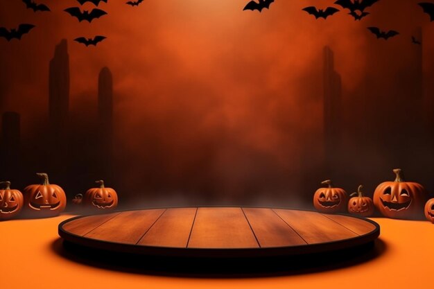 A stage with pumpkins and bats on it