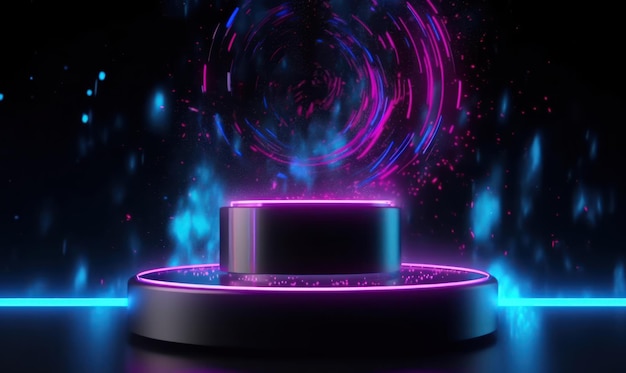 A stage with a purple light and a black circle with a black background and a purple light.