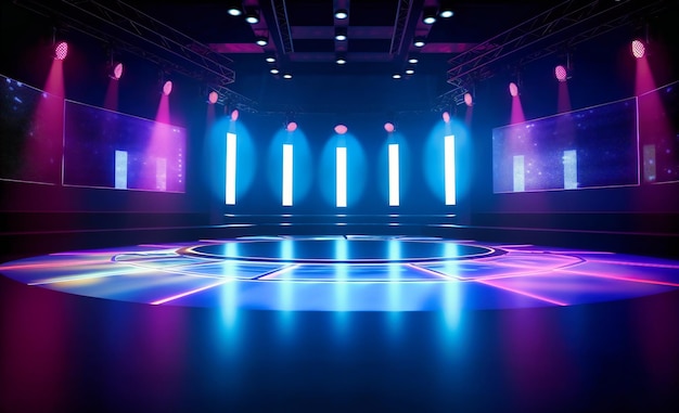 A stage with purple lights in the background